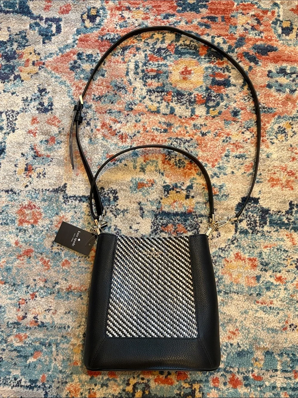 NWT Kate Spade NY Lena Straw Bucket Bag Raffia & Black Leather NEW